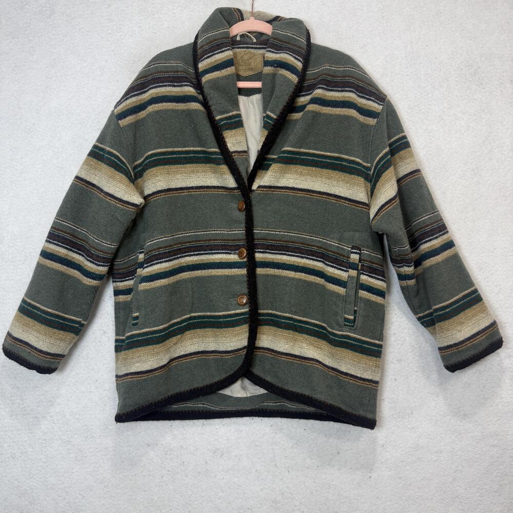 Vintage Woolrich Blanket Jacket Womens XL Green Striped Southwestern Western USA
